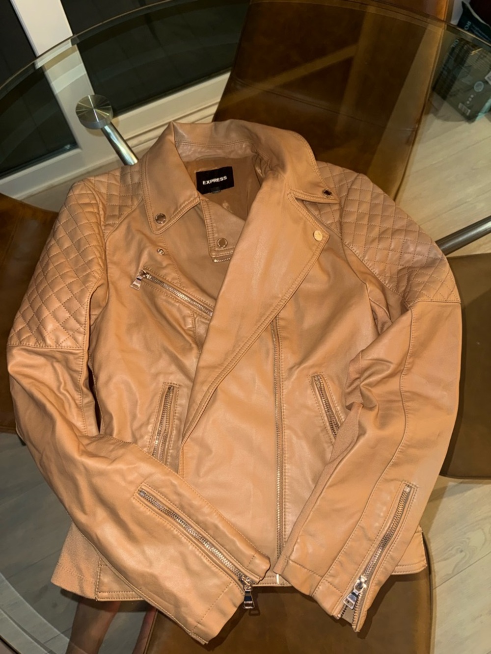 Express Women's Tan Quilted Faux Leather Moto Jacket